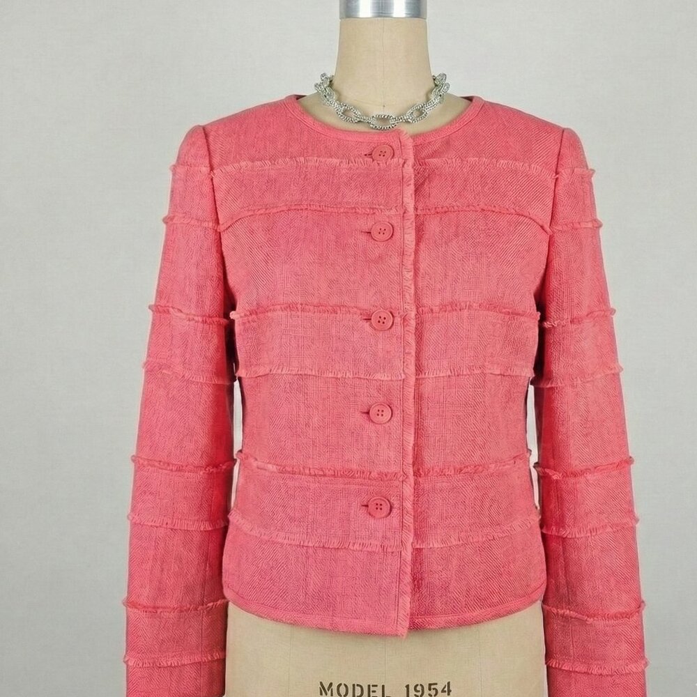 J.Crew Coral Fringe-Trim Cropped Jacket Size 10 Raw Edge Tiered Statement Blazer - Picture 4 of 13